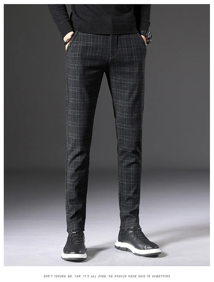 Fleece Thick Pants Men Autumn Winter Casual Plaid Trousers Sild Wild Tide Straight Elastic Waist Full Length Pants Male