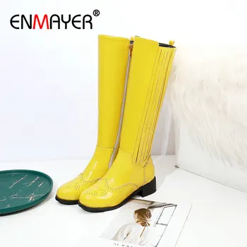 

ENMAYER 2019 Patent Leather Knee High Boots Round Toe Cool Motorcycle Boots Square Heel Winter Boots Women Short Plush 34-43