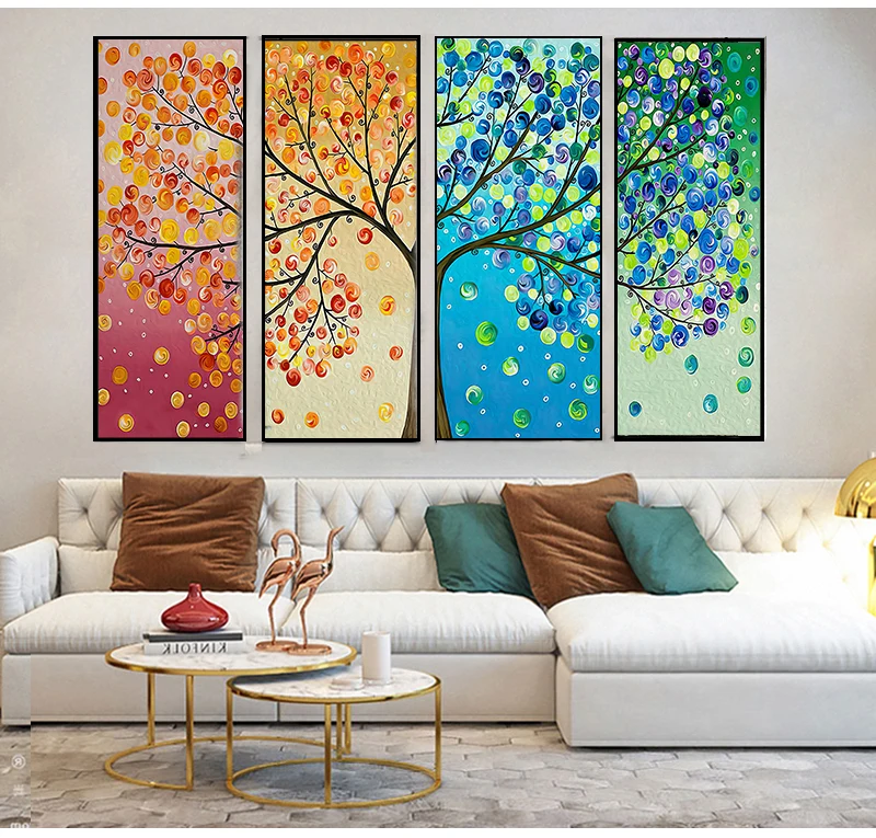 Art Canvas Paintings Print Life Tree Picture on Poster Home Decor for Bedroom Decoration  Nordic 4 Panels Four Season Wall