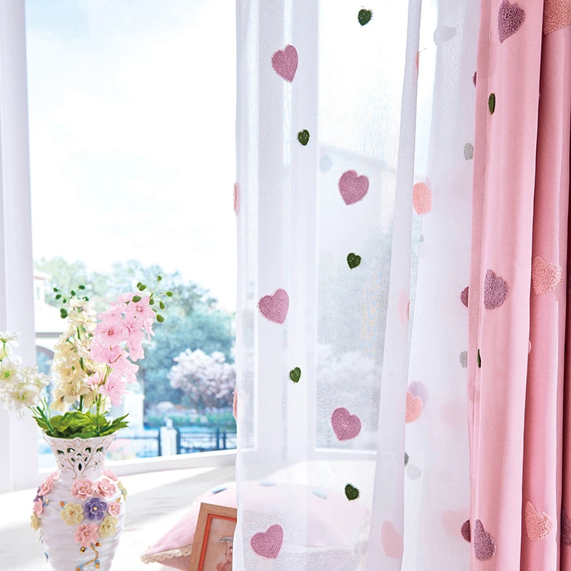 Cortina opaca de animados rosa para bebés y niñas, cortina bordada en 3D con corazón de amor para ventana, sala de estar, tul blanco|Cortinas| - AliExpress