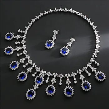 

Oval Tassel Fahsion Wedding Jewelry Sets For Women Crystal Zircon White gold Earrings Necklaces Set