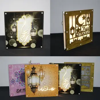 

Ramadan Eid Mubarak Decorations For Home Moon LED Candles Light Wooden Plaque Hanging Pendant Islam Muslim Event Party Supplies
