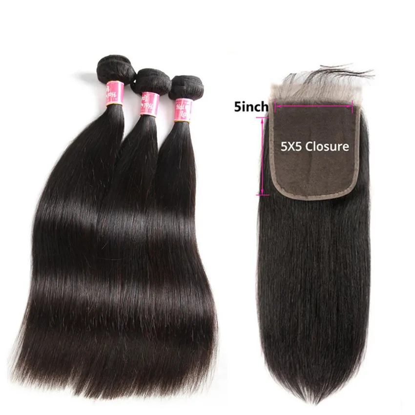 

Brazilian Straight Hair Bundles with 5X5 Lace Closure Human Hair Weaves with Closure 3 Bundles with Closure alipearl Non Remy