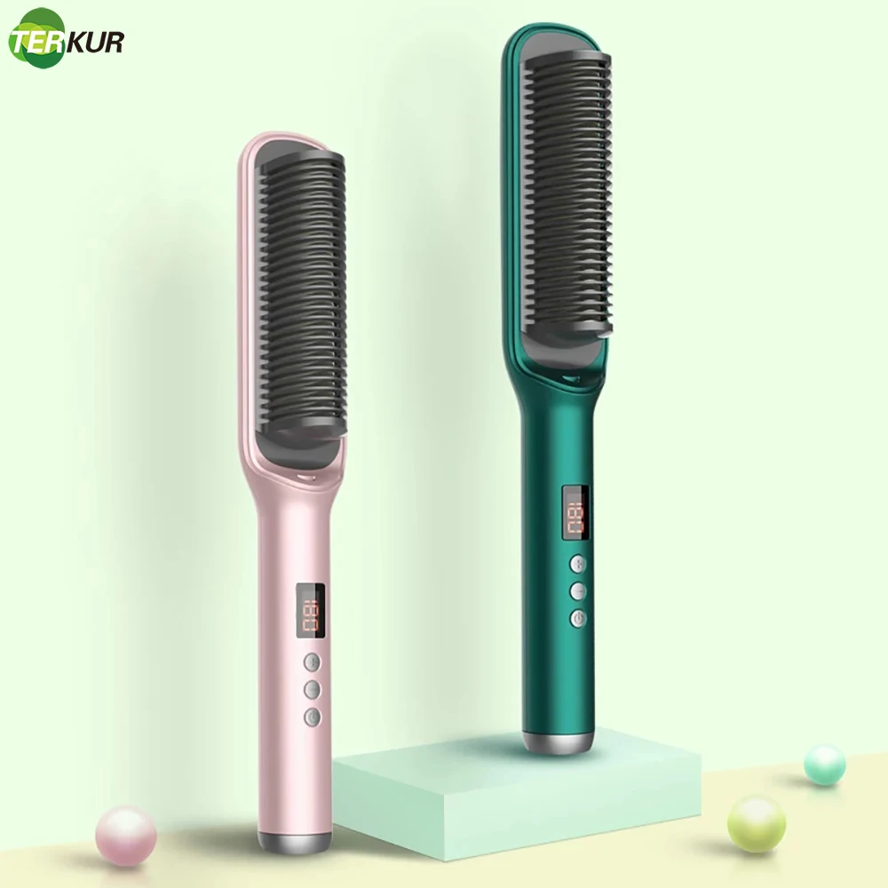 Green Pink Hair Straightener Brush Straightening Iron with Built in Comb 20s Fast Heating & 17 Temp Setting Anti-Scald Tool