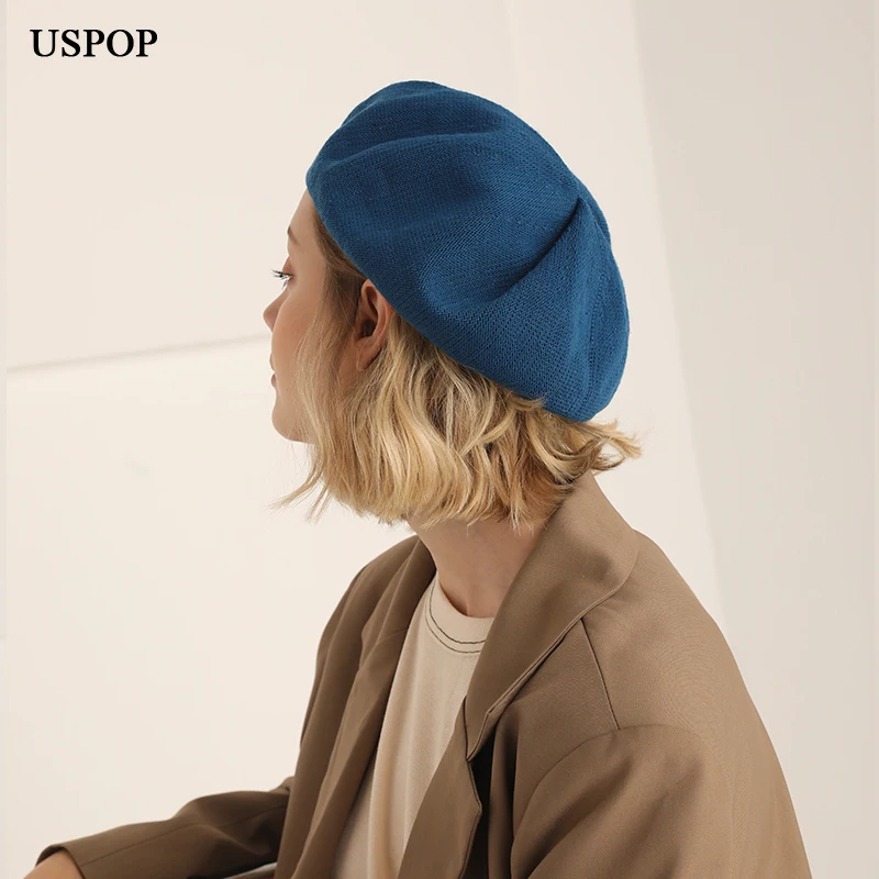 Новинка 2019 модный летний берет USPOP винтажный однотонный тонкий вязаный Женская