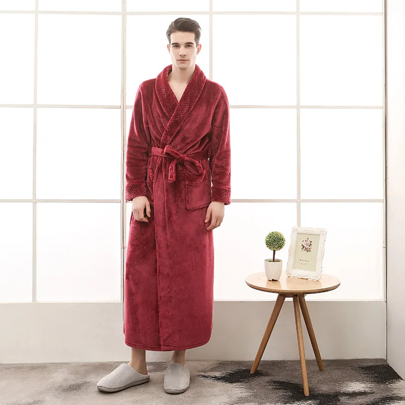 Зимний удлиненный теплый банный халат из фланели в клетку для мужчин и женщин, роскошный мягкий термальный халат, мужской халат, мужской сексуальный халат - Цвет: Men burgundy