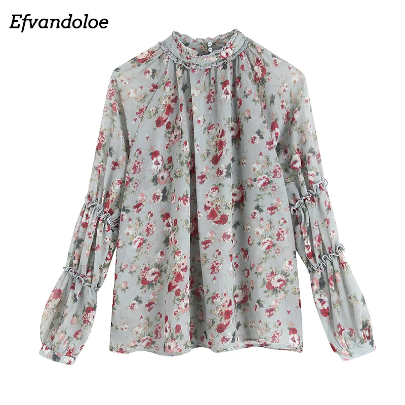 

Efvandoloe Floral Print Chic Blouse Women Long Sleeve Korean Style Tops Elegant Ladies Blouses Autumn