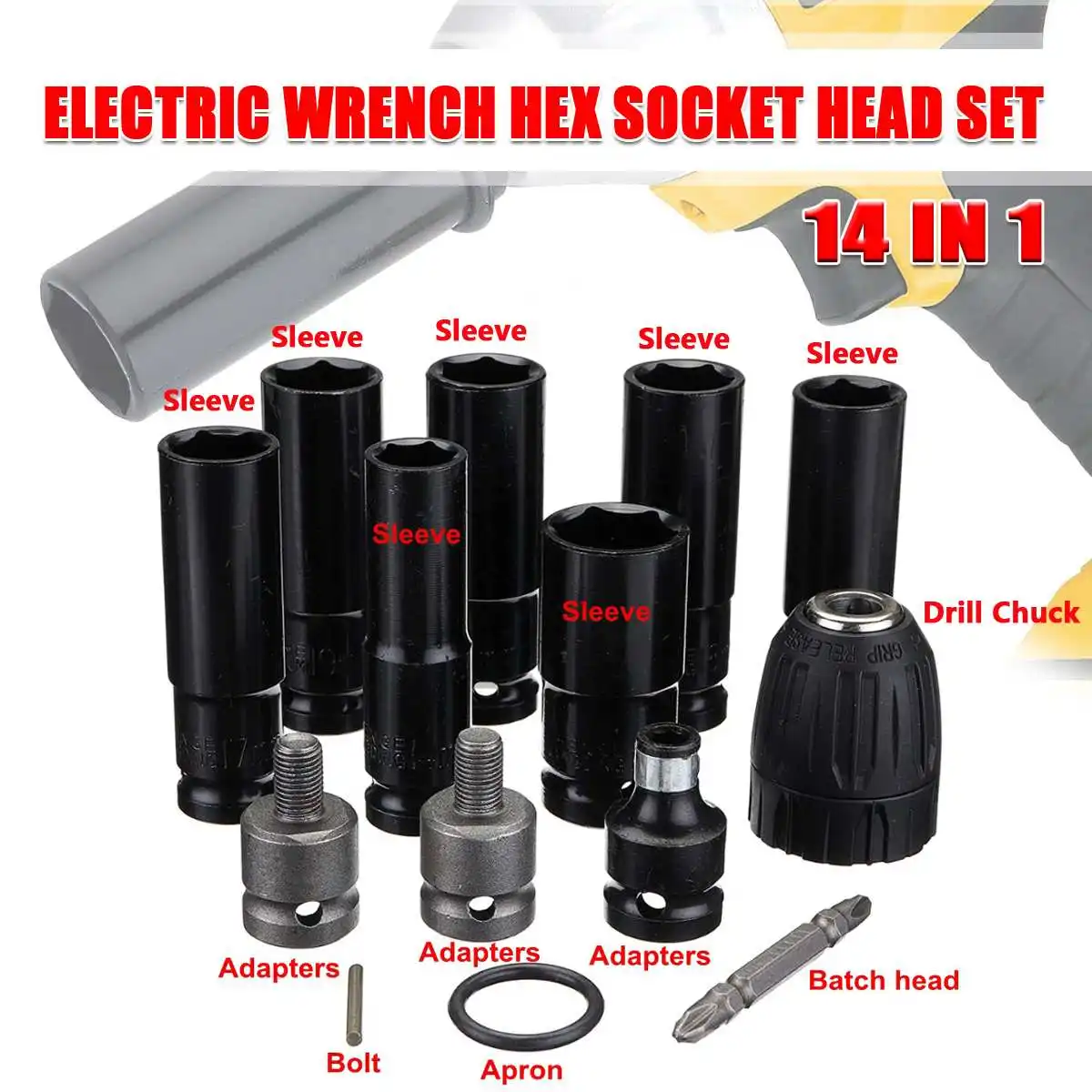 14 in 1 Electric Wrench Adapter Electric Wrench Hex Socket Head Set Kit 7 Sleeve 14-22mm for Impact Wrench Drill