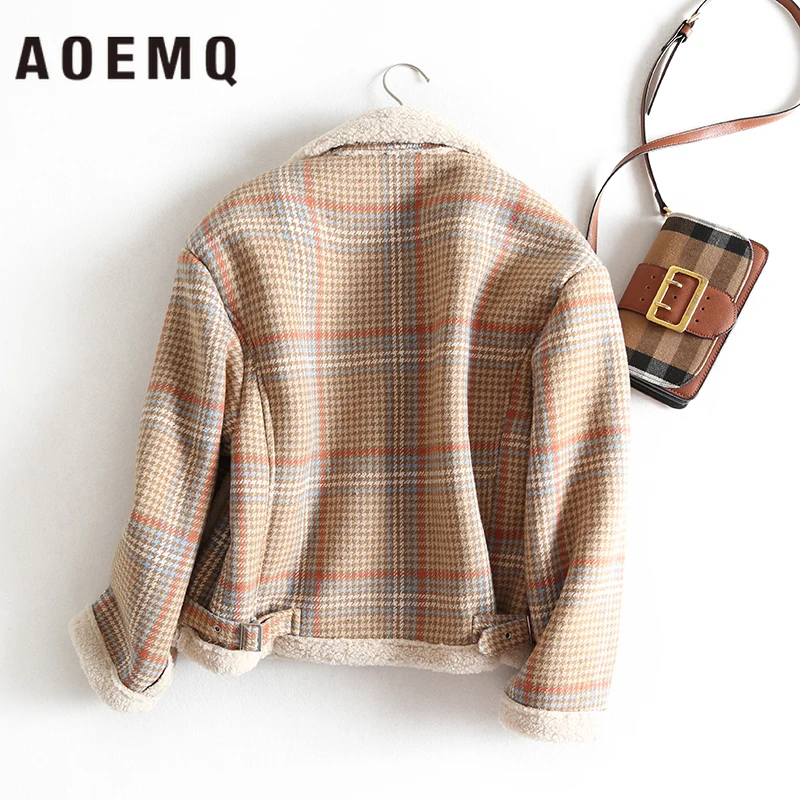 AOEMQ, модные куртки в английском стиле, уличное пальто, теплое шерстяное комбинированное кофейное клетчатое пальто, локомотивные куртки, женская одежда