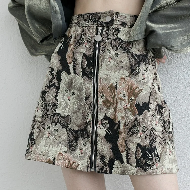 Neploe Harajuku, женские юбки с рисунком кота, Корейская высокая талия, а-силуэт, Falda Mujer, винтажная одежда в уличном стиле с принтом из мультфильмов, Женская юбка 80537