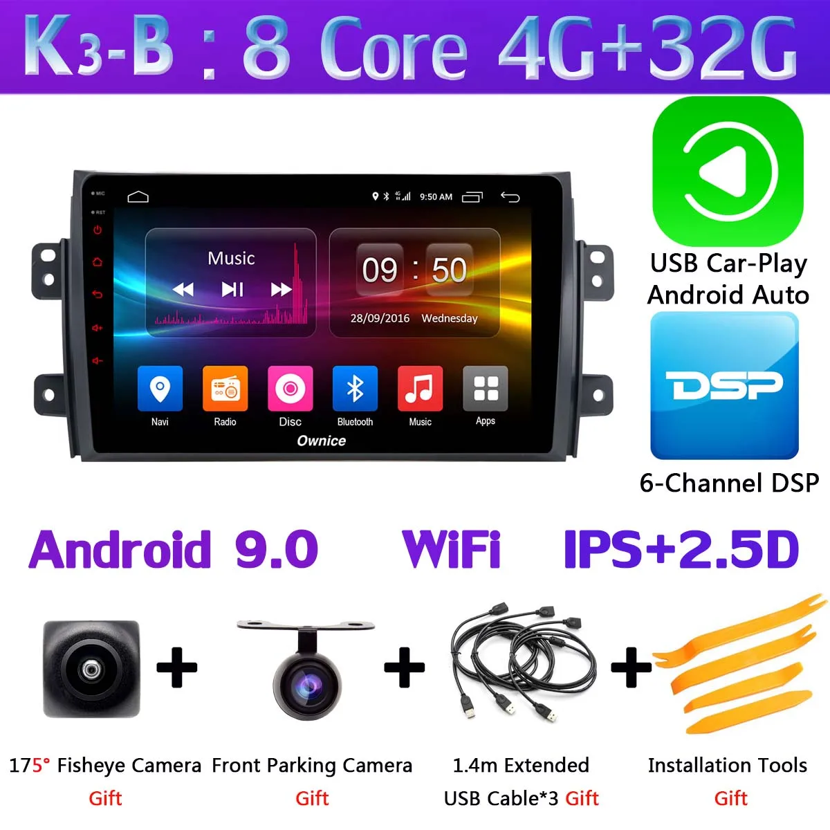 K3-B-CarPlay 360 ° панорамный 4G+ WiFi Android 9,0 8Core 4+ 64G Автомобильный мультимедиа для Suzuki SX4 2006- gps Радио SPDIF DSP стерео CarPlay авто - Цвет: K3-B-CarPlay