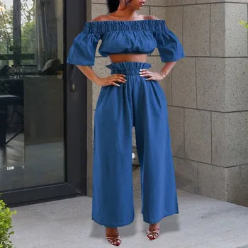 

Sexy Solid Slash Neck 2 Piece Set Denim Pleated Pockets Crop Top And Wide Leg Pants Female Ruffles 2 Piece Outfits