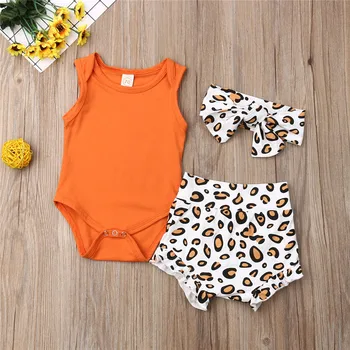 

Toddler Baby Girls clothes Summer Leopard print Shorts bow Geometry Headband solid round neck long sleeve Bodysuit 3pc Outfits