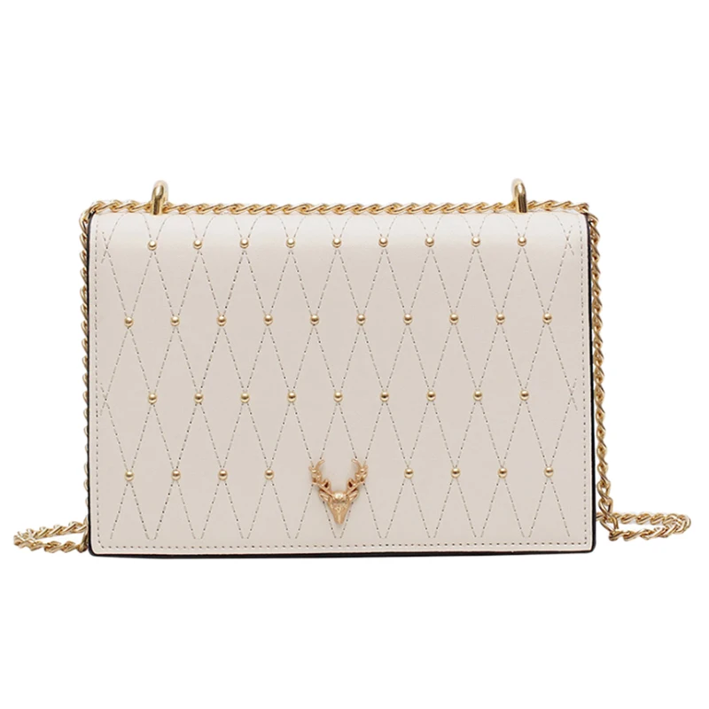

ABZC-Fashion Mini Shoulder Bags Women Plaid Chain Small Square Bags Female Rivet Crossbody Bags With Pu Synthetic Leather Beige