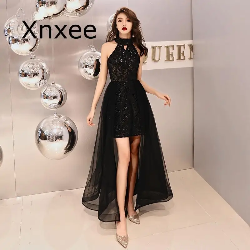 Xnxee Bling Черный Романтический многоуровневый подол Формальные платья для женщин Мода Холтер молния Длинные вечерние Vestido de novia