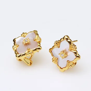 

925 Silver Clover Leaf Shell Star Earrings Mother of Pearl CZ Vintage 18K Gold Tone Floral Studs Iconic Fine Jewelry Wholesale