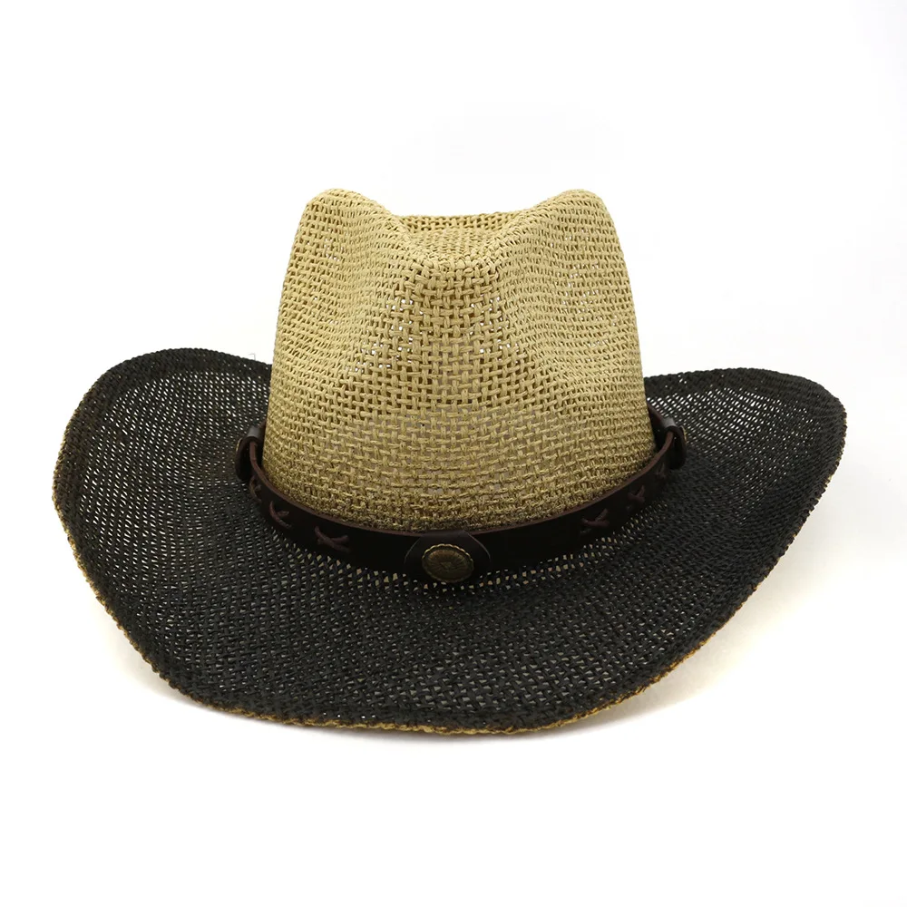 QIUBOSS Летние черные краски распыления Западные Ковбойские соломенные шляпы открытый широкий пляжный навес шляпа Панама солнцезащитная Кепка для мужчин и женщин - Цвет: Бежевый