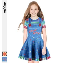 Платья для девочек; Детские платья для костюмированной вечеринки с объемным принтом для девочек; вечерние платья принцессы с короткими рукавами на Хэллоуин; плиссированная одежда для детей