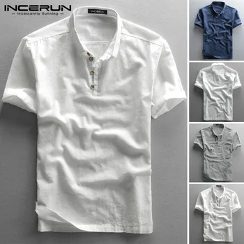 

INCERUN Summer Solid Men Casual Shirt Brand Breathable Short Sleeve Cotton Shirts Summer Turn-down Collar Camisa Harajuku 2020