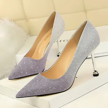 

New Fashion Women Pumps High Heels Thin Heel Pointed Toe Color Gradient Woman Pumps Shiny Wedding Ladies Party Shoes Женские