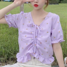 Aliexpress - Summer French V-neck Floral Blouse Women Casual Puff Sleeve Ruffles Designer Short Tops Sweet Korean Fashion Woman Blouses 2021