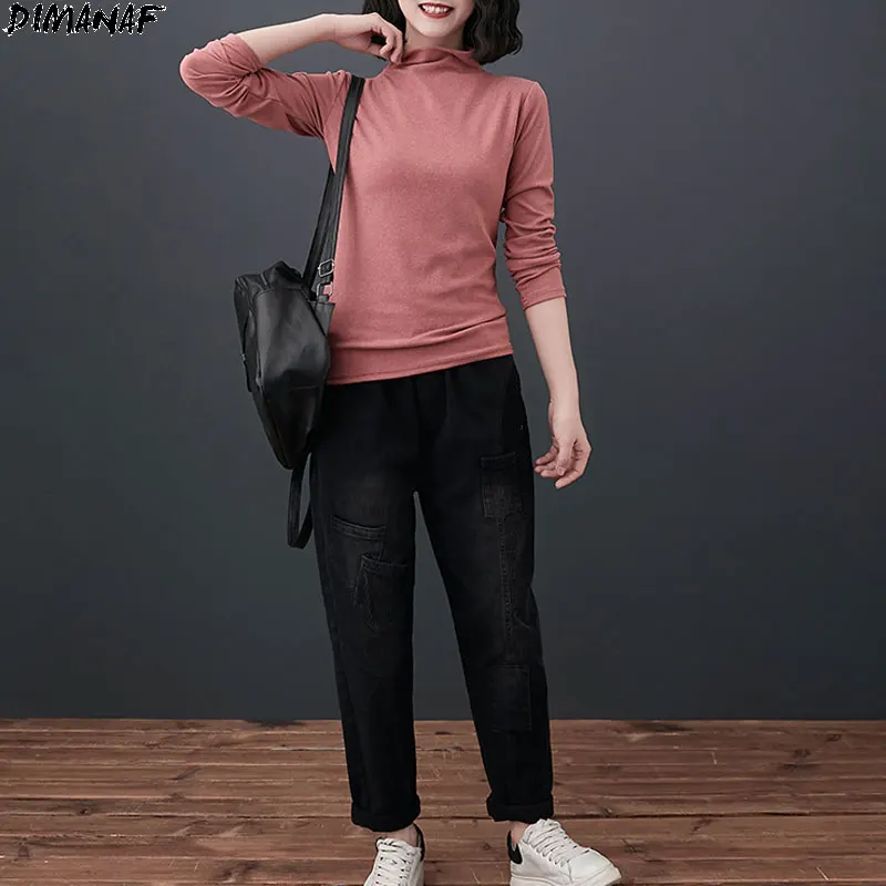 DIMANAF 2020 Plus Size T-Shirt Women Tops Turtleneck Soft Cotton Long Sleeve Casual Style Vintage Show Thin New Elegant Tees