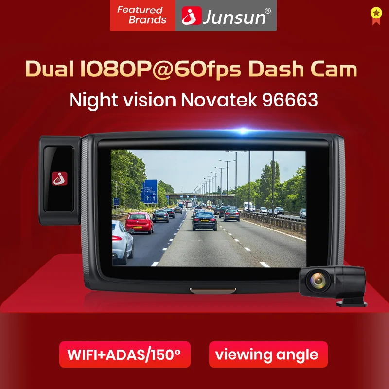 Junsun фронтальная 1080 P + Rear1080P 60fps Автомобильная dvr камера ADAS Wi Fi HD ночного видения