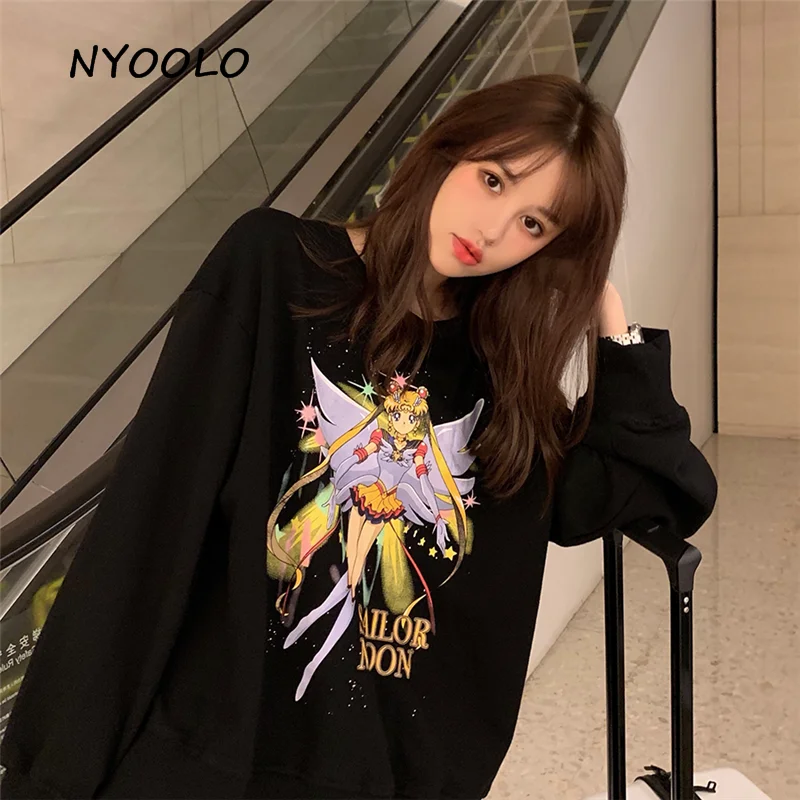 NYOOLO Harajuku стиль мультфильм персонаж Сейлор Мун буквы печати толстовка осень уличная одежда с длинным рукавом Пуловеры женские