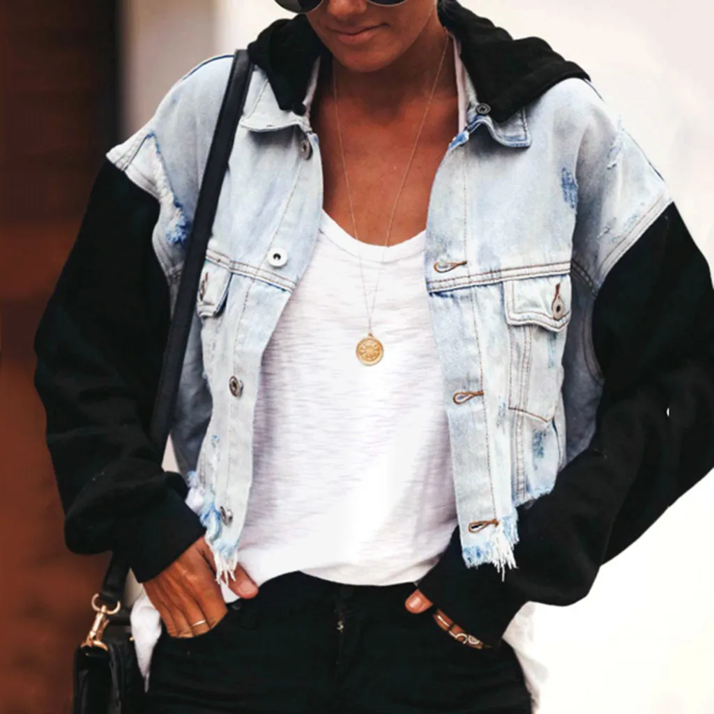 Vintage Patchwork Denim Jacket Women Washed Blue Black Short Jean Coat Hooded Hight Street Wear Outwear Overcoat Jy6 |