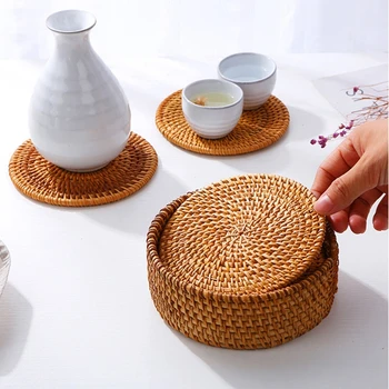 

6Pcs/ Drink Coasters Set for Kungfu Tea Accessories Round Tableware Placemat Dish Mat Rattan Weave Cup Mat Pad Diameter 8cm