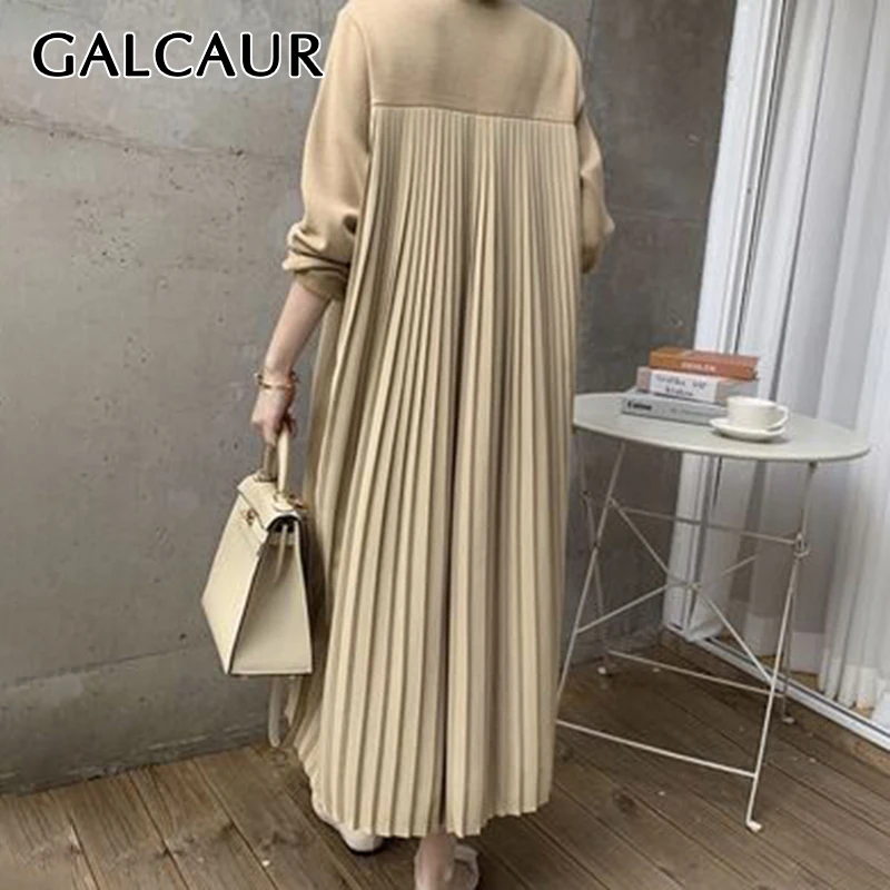 GALCAUR Thick Dress For Women O Neck Long Sleeve Patchwork Ruched Loose Oversized Korean