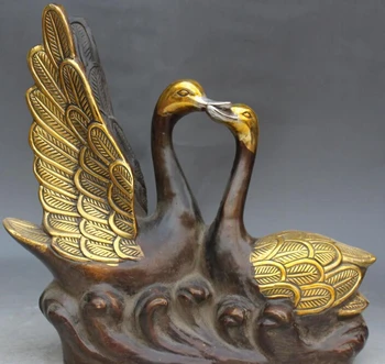 

8" Chinese Copper Gilt Two sweet Love goose goosey swan cygnus Animal Statue R0709