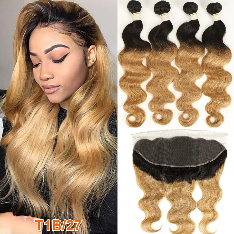 Rebecca Ombre Bundles With Frontal Two Tone 1B/99J 1B/27 1B/30 Colors Brazilian Body Wave 3 4  Bundles With Lace Frontal Closure