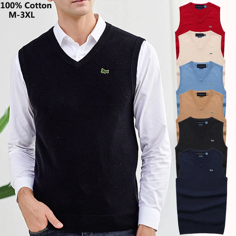 100% de algodón de alta calidad Otoño Invierno para hombre chaleco tejido cuello pico sin mangas Casual suéteres de marca de moda de hombre Camisetas M-3XL