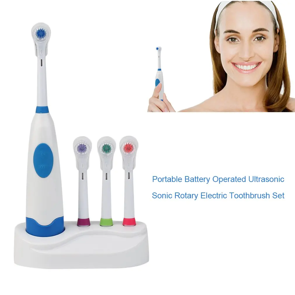 

Portable Battery Operated Electric Toothbrush Set 1 Adult Toothbrush+3 Brush Heads Ultrasonic Sonic Rotary Electric Toothbrush