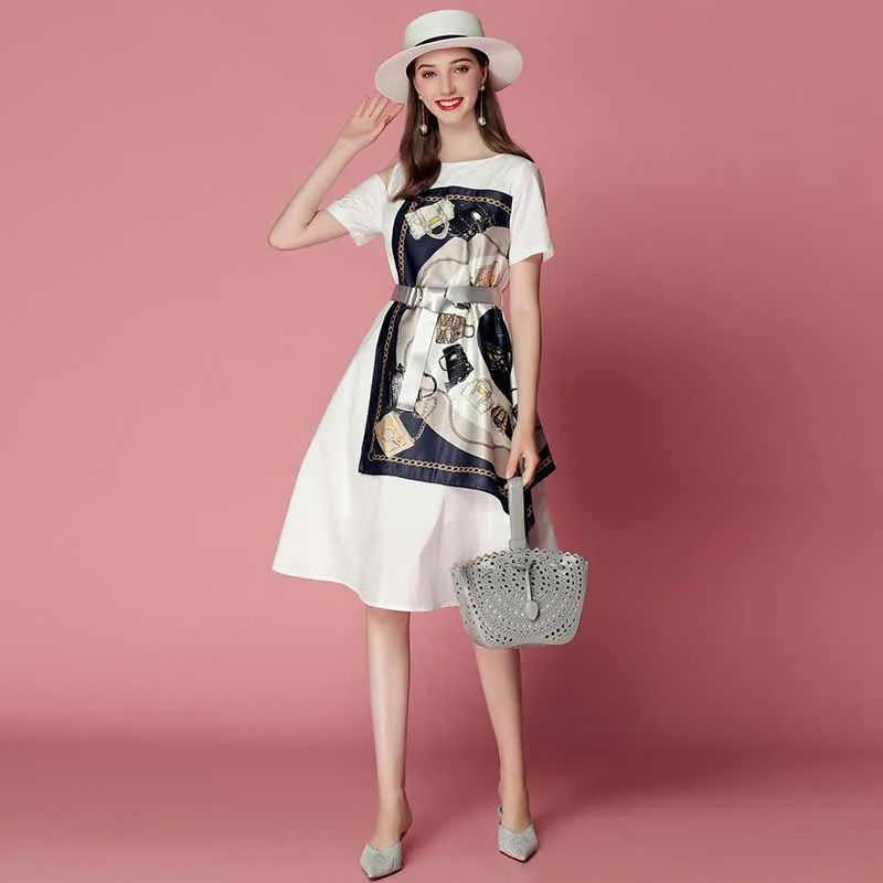 

WOMEN'S Dress 2019 Summer New Style off-Shoulder Sense of Design Waist Hugging Joint Printed Silk Scarves Short-sleeve Dress Fas