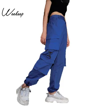 

2020 Sexy Women High Waist Blue Cargo Pants Fashion Loose Pockets Pants Womens Streetwear Patchwork Pencil Sweat Pants Bottom