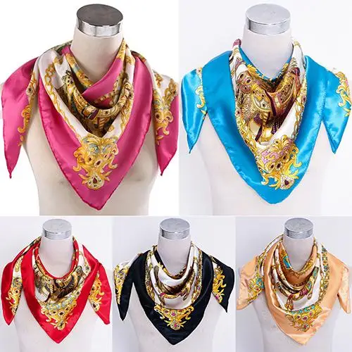 90 X 90cm Square Women Imitated Silk Satin Carriage Chain Neck Head Scarf Shawl Silk Satin 