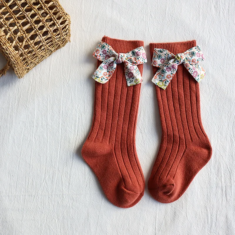 Toddlers Baby Girls Socks Floral Bows Knee High Long Sock Soft Cotton Stripe Children Socks Princess Style For 0-5 Years Kids