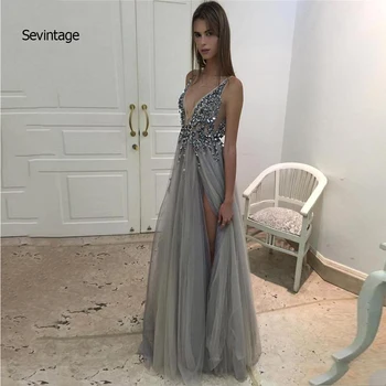 

Sevintage Split Side Evening Dresses Deep V Neck Shiny Sequins Tulle Gray Long Evening Gown vestidos elegantes Forma lProm Dress