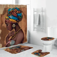 Afro-amerikaanse Vrouwen Douchegordijnen Polyester Waterdicht Afro Badkamer Gordijn Set Anti-Skid Tapijten Wc Deksel Cover Badmat
