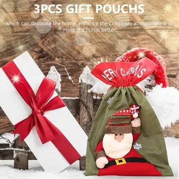 

3pcs Large Size Cartoon Christmas Gift Linen Packing Bag Santa Claus Snowman Elk Xmas Gift Pouch Christmas Decoration