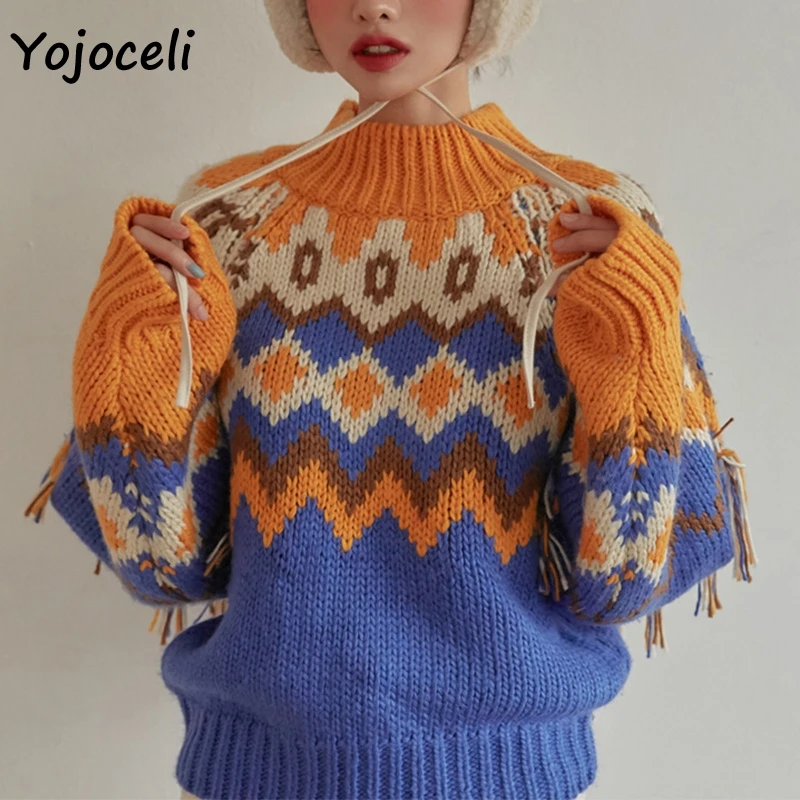 Yojoceli теплый жаккардовый вязаный свитер женский геометрический клетчатый вязаный пуловер свитер