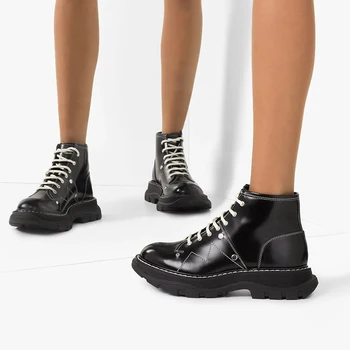 

2019 Women Ankle Boots Black Lace Up Round Toe Buty Damskie Fashion Platform Ladies Shoes Woman Botas Feminina