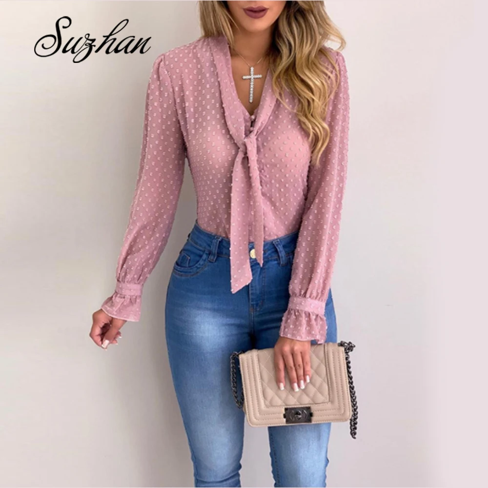 Suzhan Women Blouses Fashion Long Sleeve V-neck Shirt Chiffon Office Blouse Slim Casual Tops