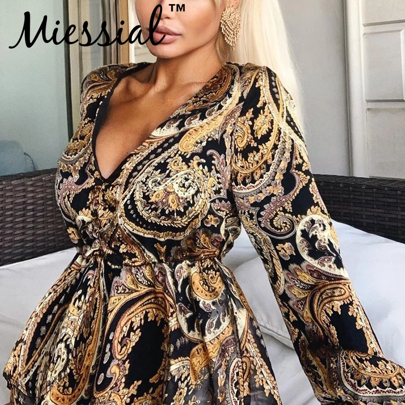 Miessial Paisley print v-neck vintage blouse shirt Women long sleeve autumn elegant Female winter sexy ladies tops |