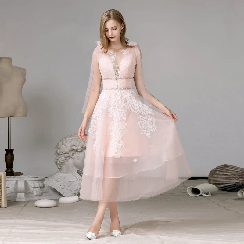 

legant v neck tea-length lace tulle pink formal party evening gown prom dress