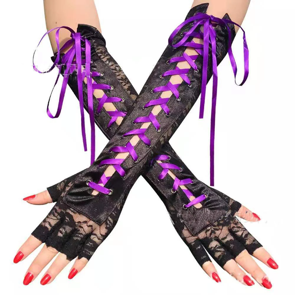 Black White Purple Cool Punk Woman Lace Gloves 2020 Lady Elbow Gohitc Mittens Eyelet Ribbon Lolita Hollow Out Fingerless Glove