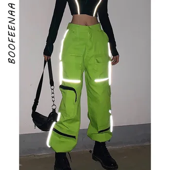 

BOOFEENAA 2020 Fashion Streetwear Joggers Reflective Splicing Multi Pocket Neon Green Cargo Pants Women Harajuku Trousers C67BE5