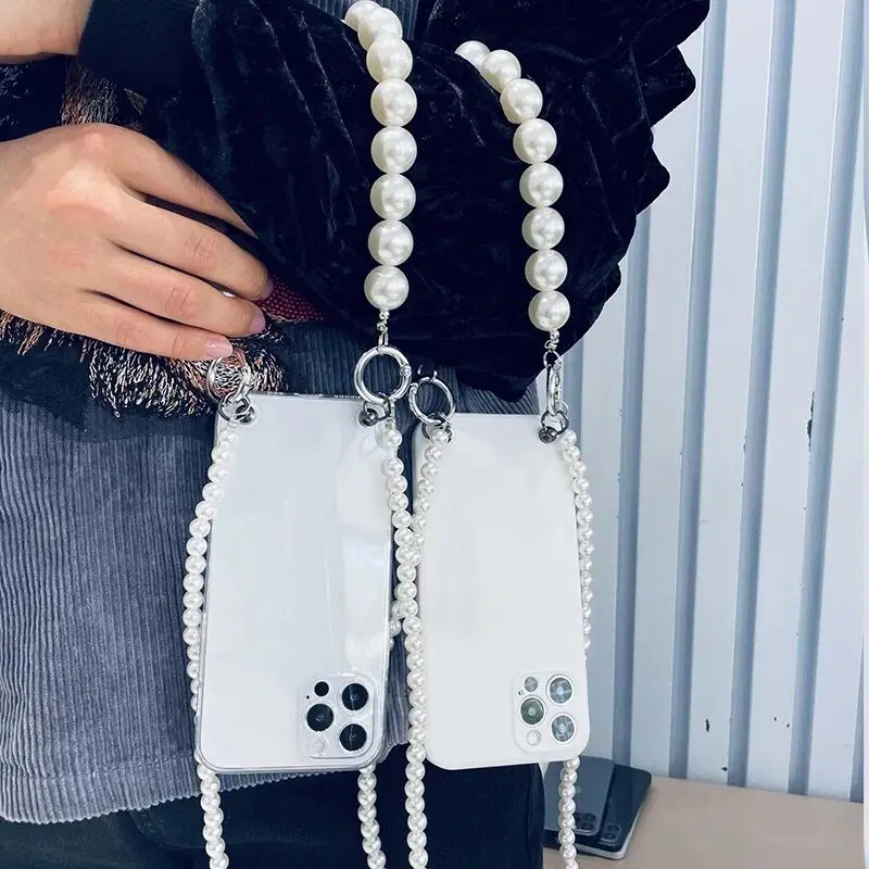 Elegant Pearl Strap Crossbody Lanyard Phone Case with Soft Cover and Bracelet Necklace